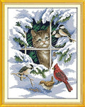 Benway Counted Cross Stitch Cat and Birds in Snow 14 Count 32x39cm