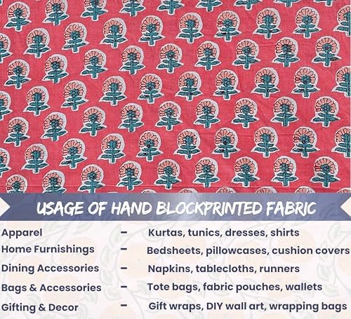 100% Cotton Fabric by the Yard, Hand Block Print Fabric for Sewing