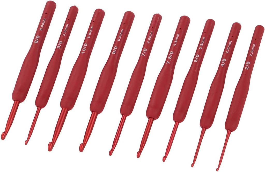 Rengue Crochet Hooks Set, 9 Pcs Red Aluminum Ergonomic Silicone Grip