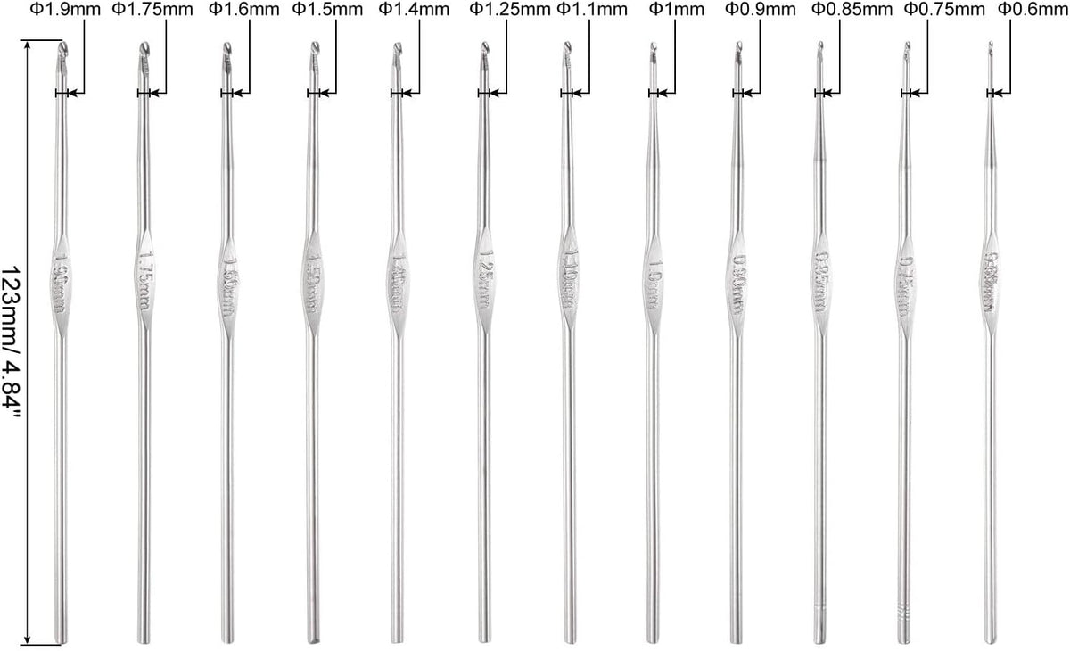 uxcell Stainless Steel Crochet Hook Set 0.6mm-1.9mm Knitting Needles