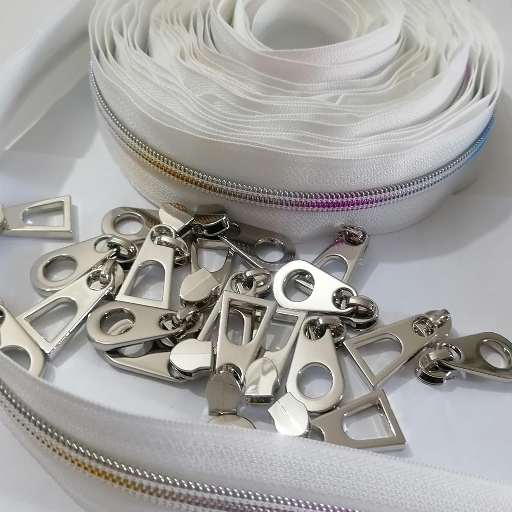 CYS Nylon Zippers by The Yard #5 10 Yards White Zipper Tape with 15Pcs