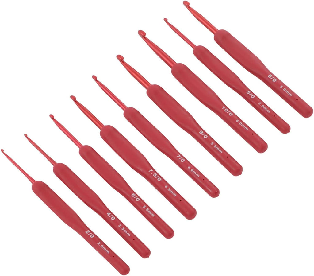 Rengue Crochet Hooks Set, 9 Pcs Red Aluminum Ergonomic Silicone Grip