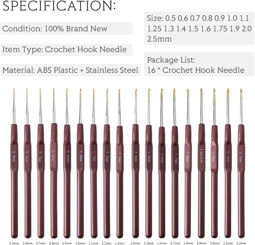 16Pcs Lace Crochet Hooks Set 0.5mm-2.5mm, Ultra Fine Stainless Steel