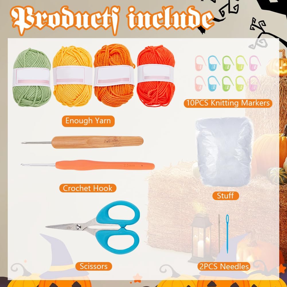 BEUNITONE 3 Sets Halloween Pumpkins Crochet Kit for Beginners with