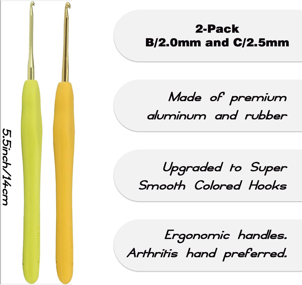 YOJOB 2-Pack Size B / 2mm, C / 2.5mm Crochet Hooks, Ergonomic Crochet