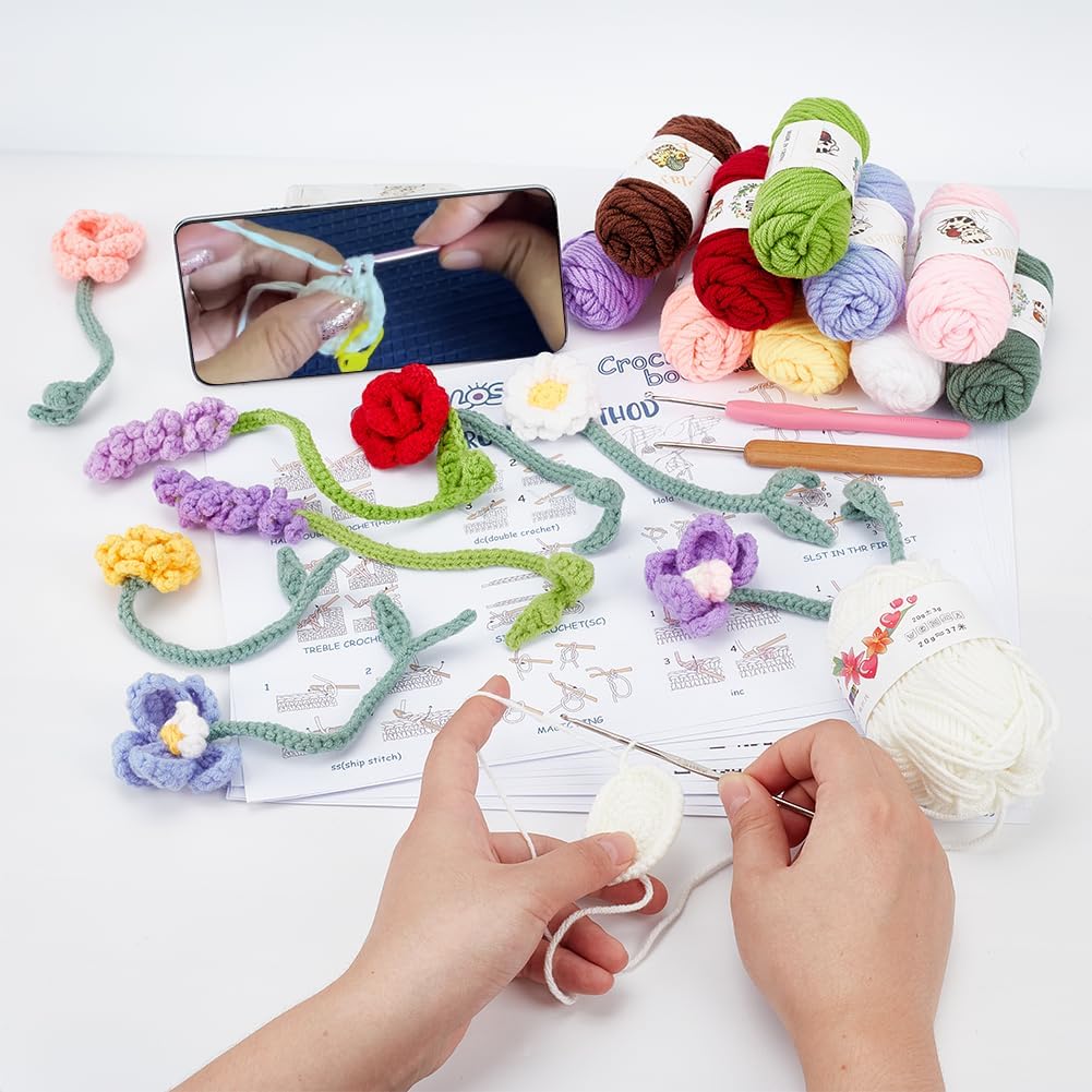 ORIGACH 8 Sets Crochet Flower Bookmarks Kit for Beginners Adults DIY