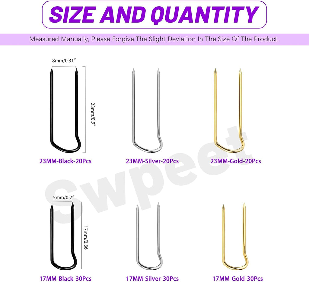 Swpeet 150Pcs 3 Colors 23mm/ 0.9 Inch Stainless Steel Sewing U-Pins