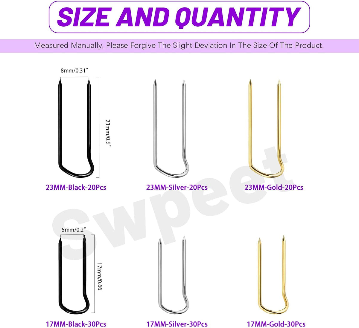 Swpeet 150Pcs 3 Colors 23mm/ 0.9 Inch Stainless Steel Sewing U-Pins