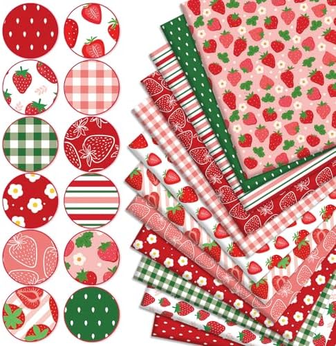 JarThenaAMCS 12 Pcs Strawberry Cotton Fabric Bundles 18 x 22 Inch