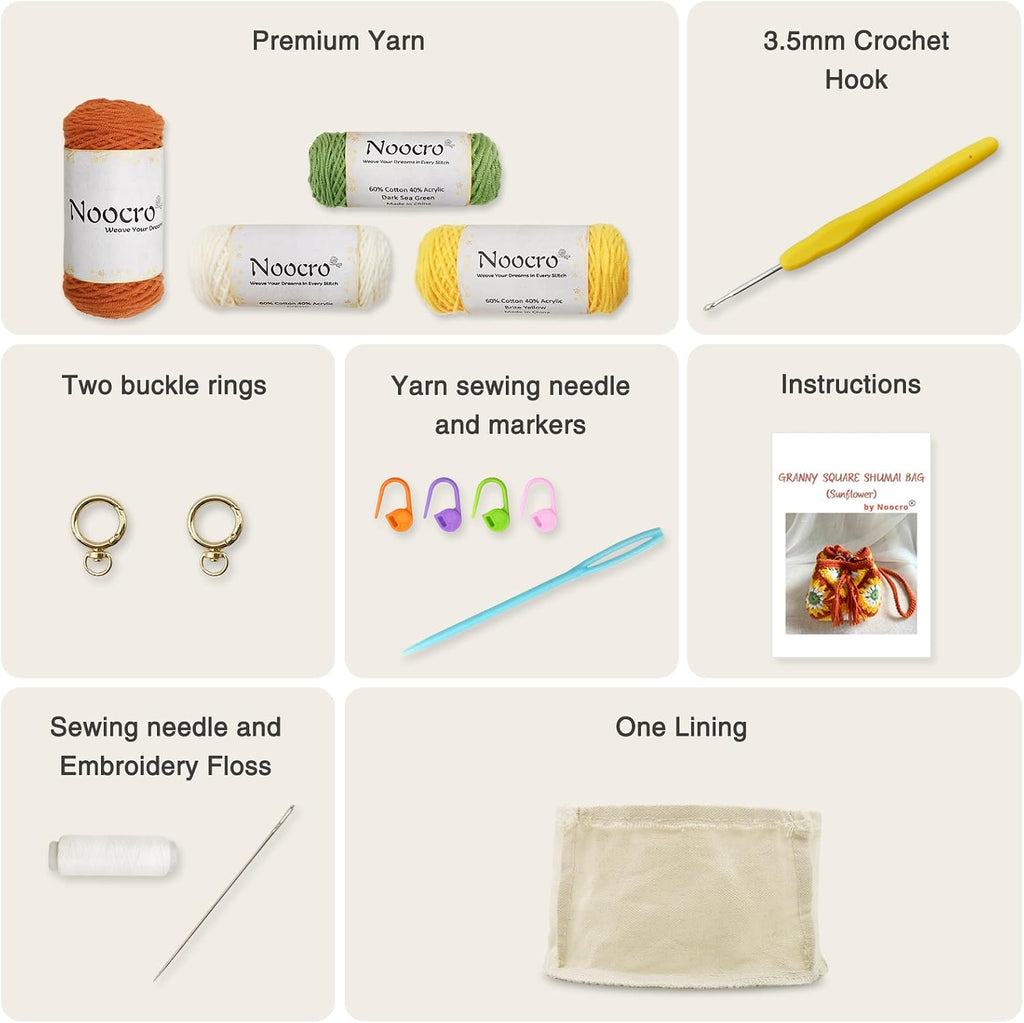 Noocro Crochet Kit Granny Square Shumai Bag, Purse, Complete DIY Kit