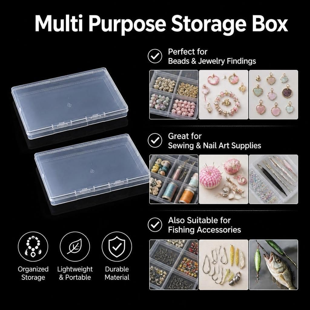 2 Pack Clear Plastic Box Flat Rectangle Storage Case Shallow Bead