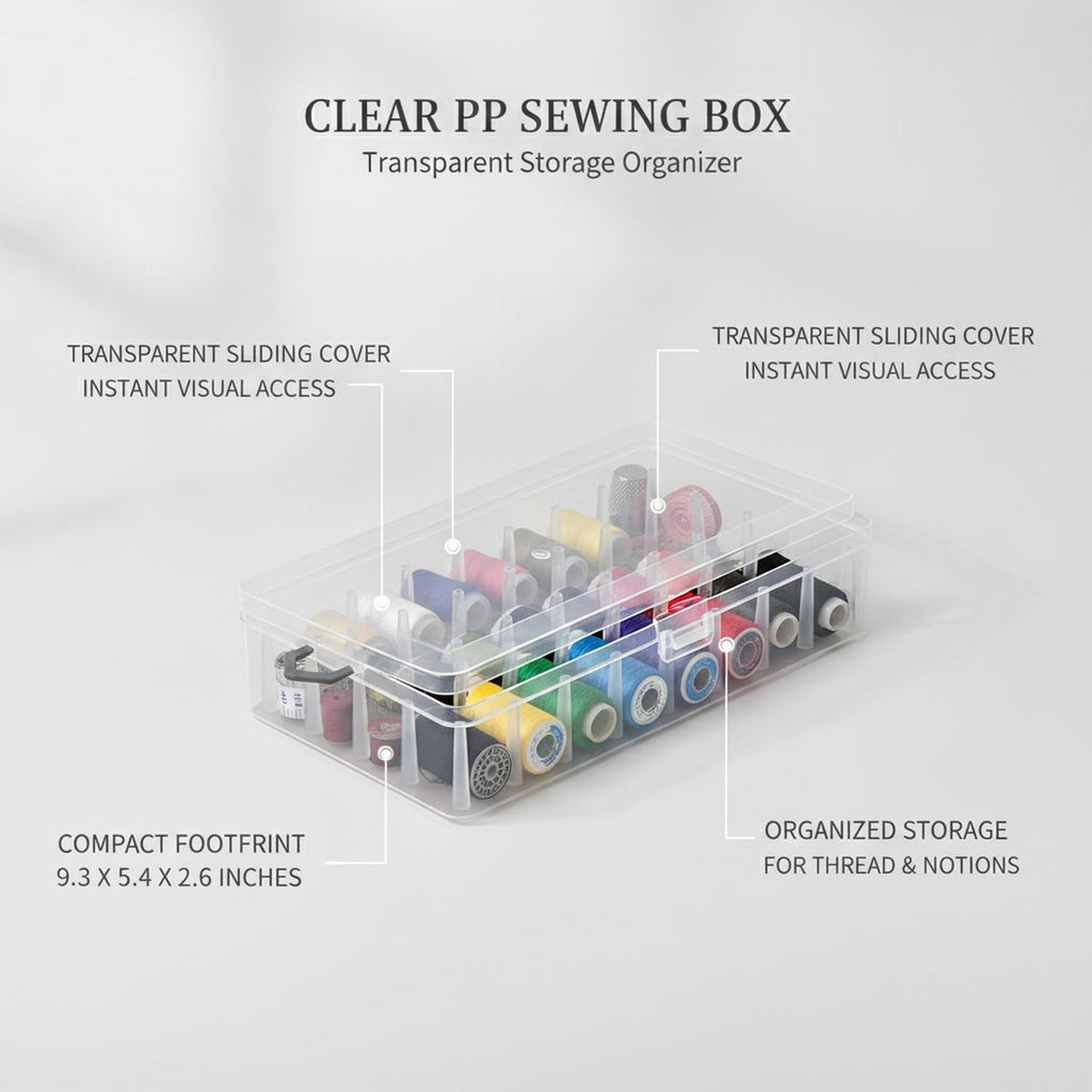 Clear PP Sewing Box with Sliding Cover, Transparent Storage Organizer
