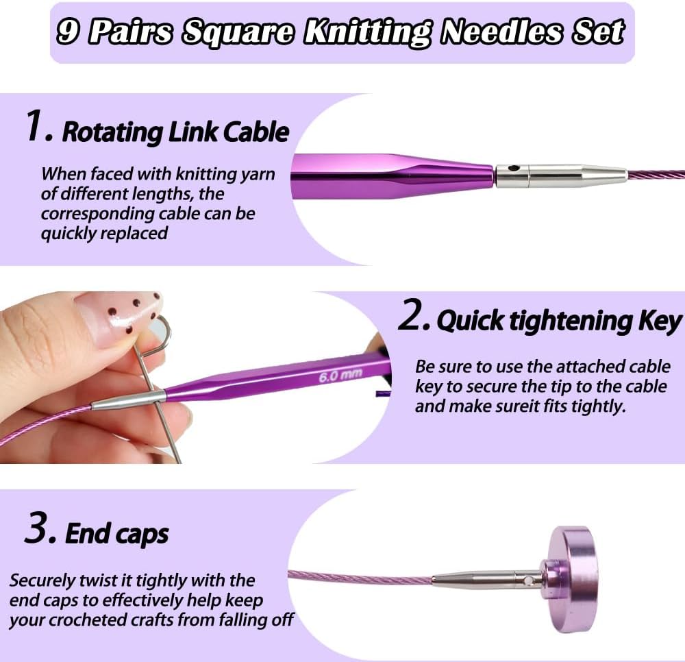 Yarniss 9 Pairs Square Circular Knitting Needles Set with Cable US