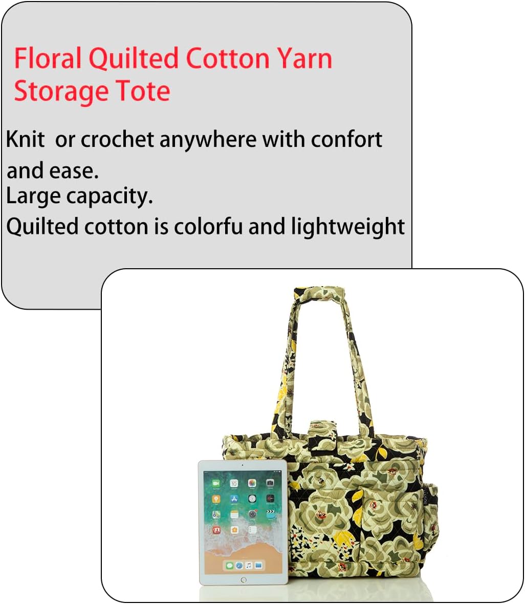 Knitting Quilted Tote Bag w/6 Pockets, Multifunctional Yarn Organizer