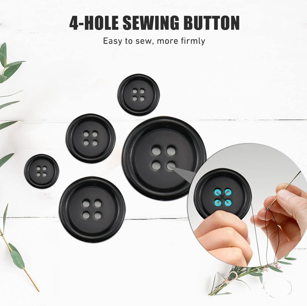 100 Pcs Premium Black Round Resin 4-Hole Sewing Buttons, 5 Sizes