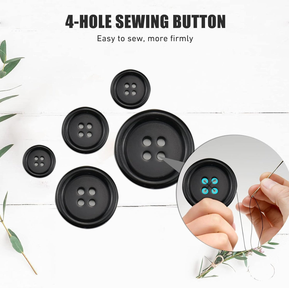 100 Pcs Premium Black Round Resin 4-Hole Sewing Buttons, 5 Sizes