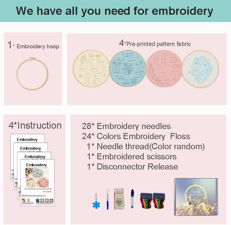 Sutesloly Hand Embroidery Kit for Beginners, 4 Sets Learn to Floral