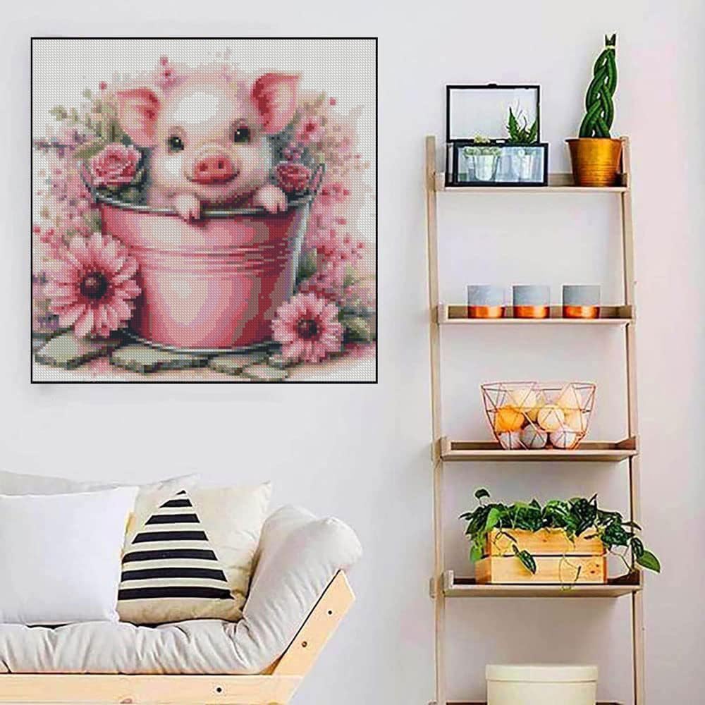 Cute Pig Stamped Cross Stitch Kits for Adults Beginner, Flowers
