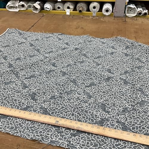 Diamond Damask | Upholstery Fabric | Slate Blue/Grey/Off White | Heavy