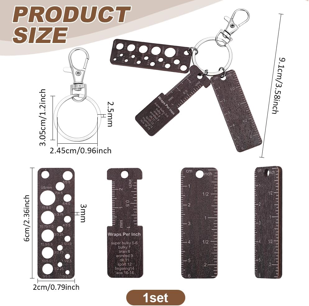 BENECREAT 3-in-1 Mini Wooden Gauge Keychains, Knitting Gauge Tool with