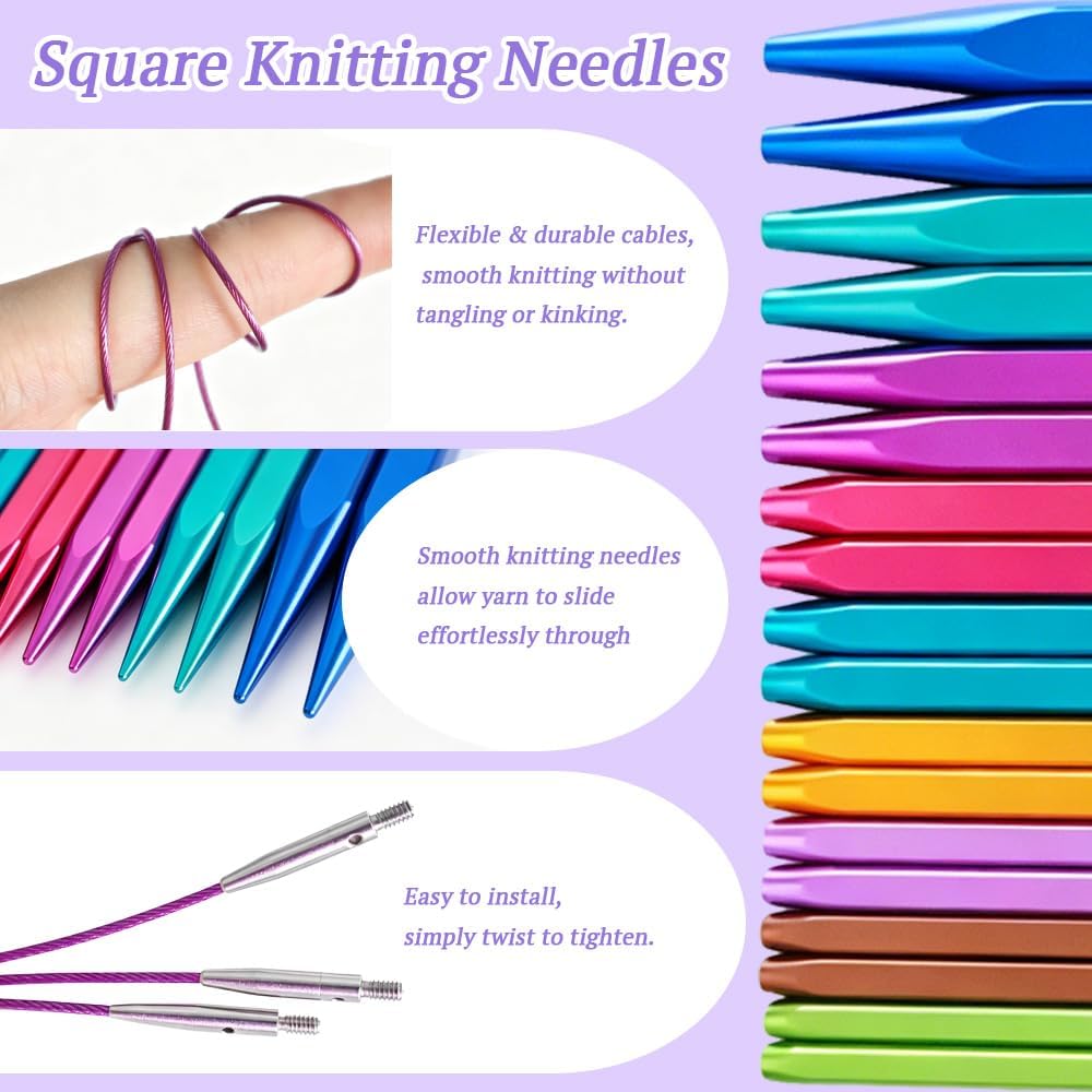 Yarniss 9 Pairs Square Circular Knitting Needles Set with Cable US
