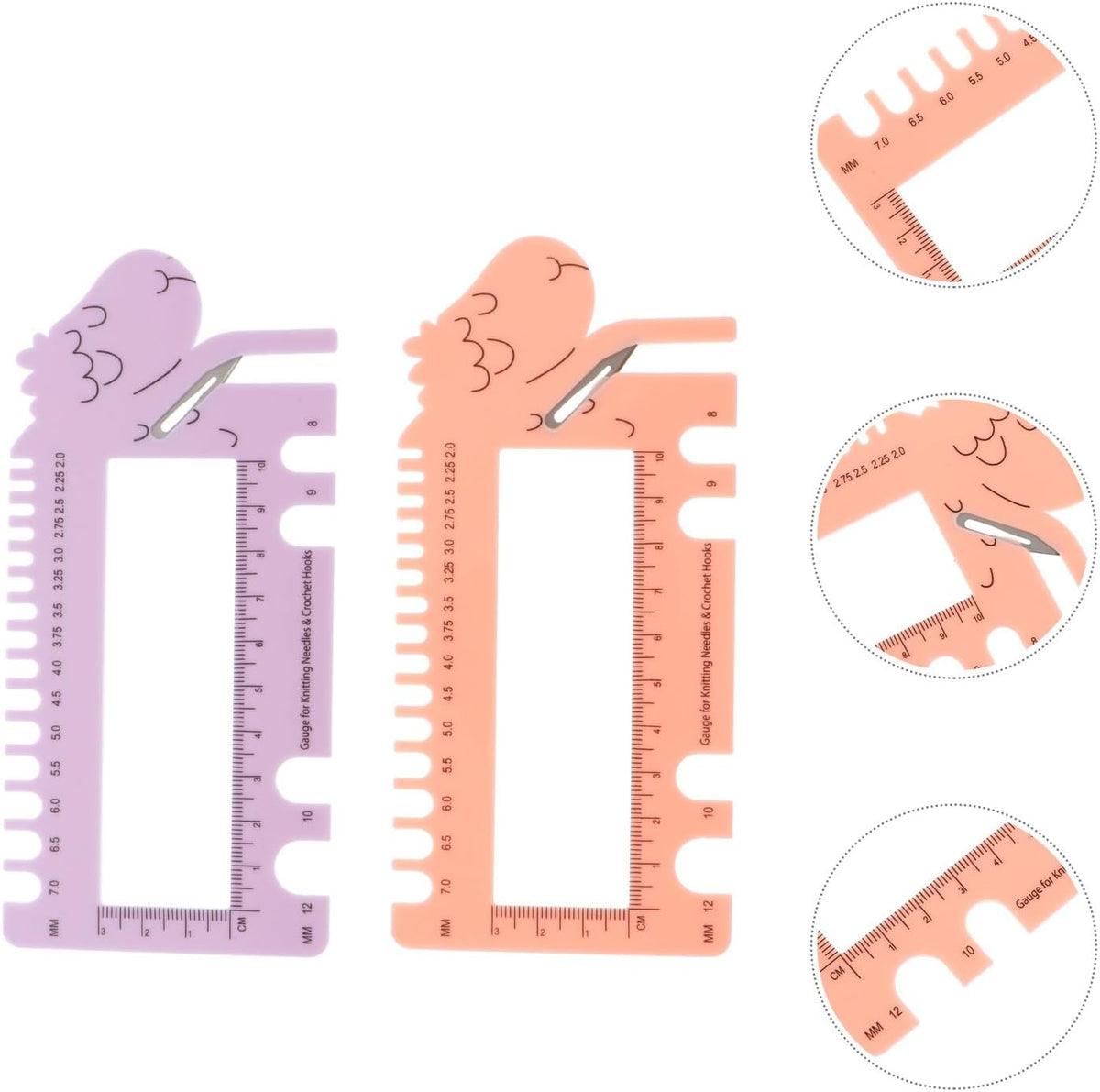 2pcs Sheep Head Needle Gauge Knitting Measure Ruler Plastic Tool