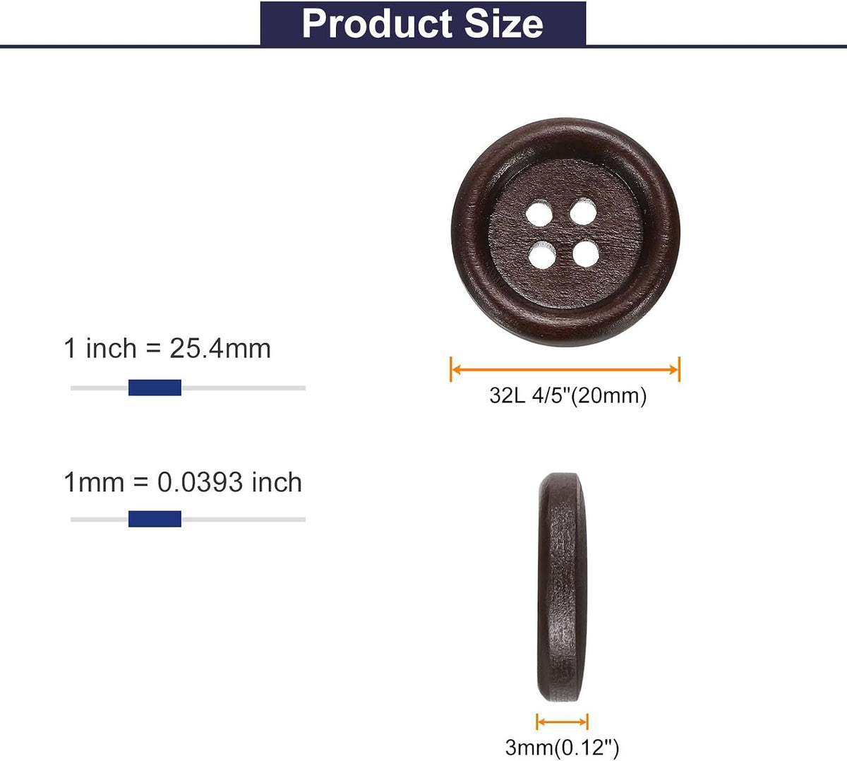 HARFINGTON 30pcs 32L Wooden Sewing Button 4/5"(20mm) 4 Holes Wood