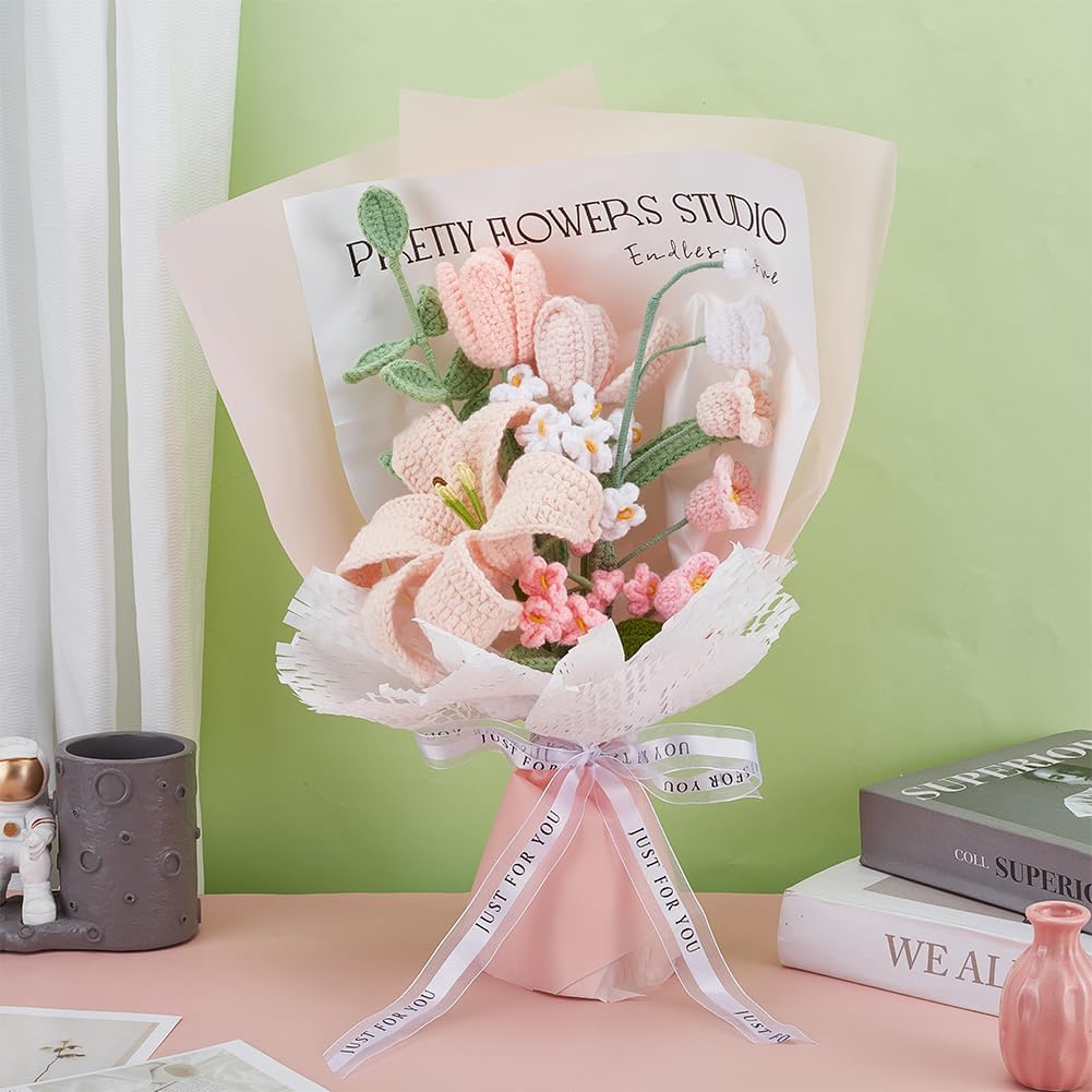 INFUNLY 12pcs/Set Crochet Flower Bouquet Kit Pink Tulip Handmade