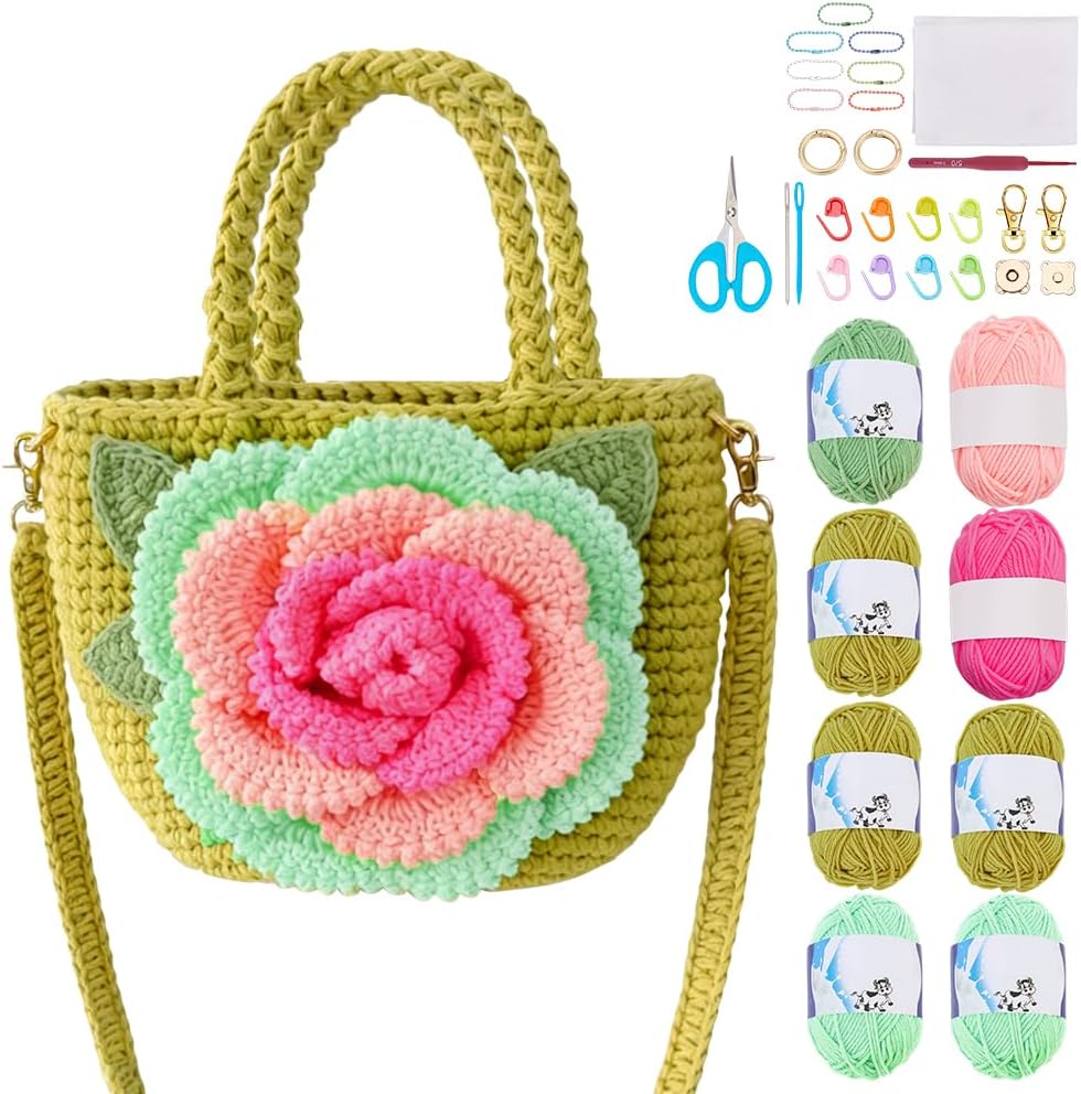 FREEBLOSS Crochet Bag Kit DIY Rose Crochet Tote Bag Set with
