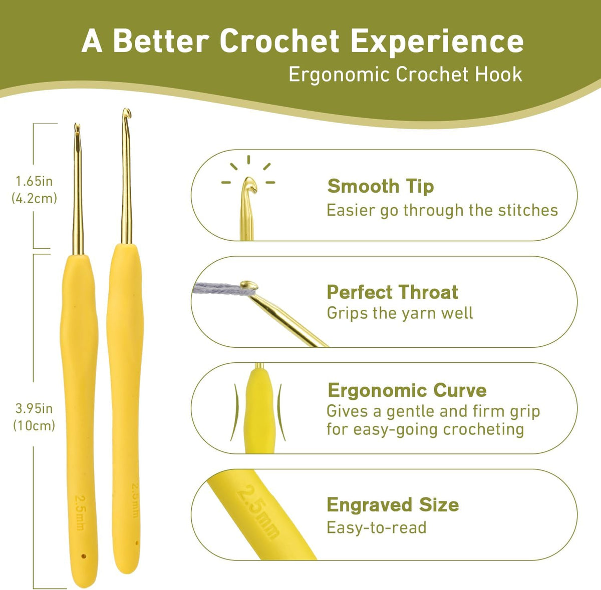 2.5mm Crochet Hook, Ergonomic Aluminum Crochet Needles for Arthritic