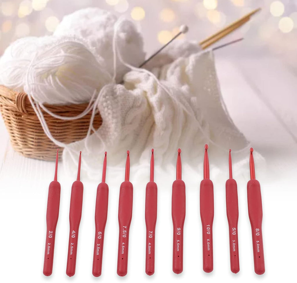 Crochet Hooks Red Aluminium Ergonomic Silicone Grip Set for Weaving
