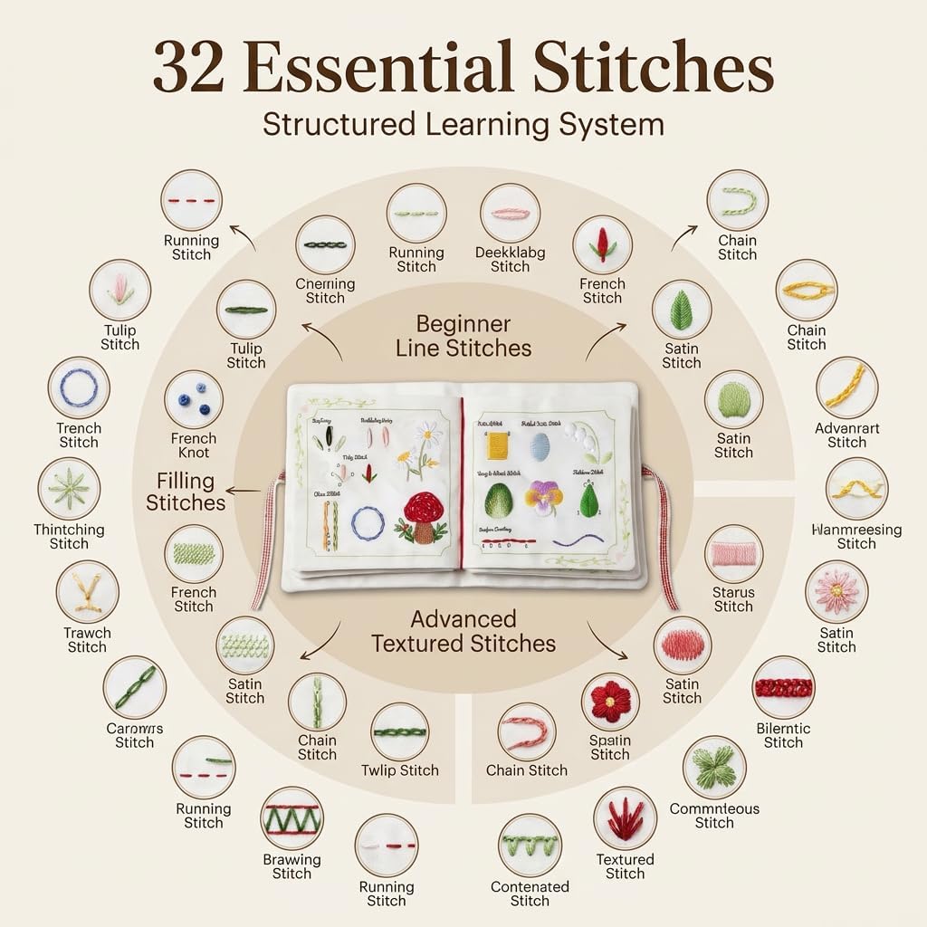 Embroidery Stitch Book Kit for Beginners, DIY Practice Book with