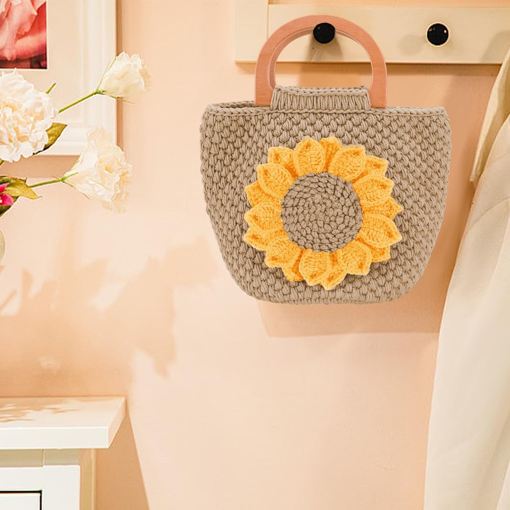 FREEBLOSS Crochet Sunflower Bag Set Wood Handle Sunflower Bag Crochet