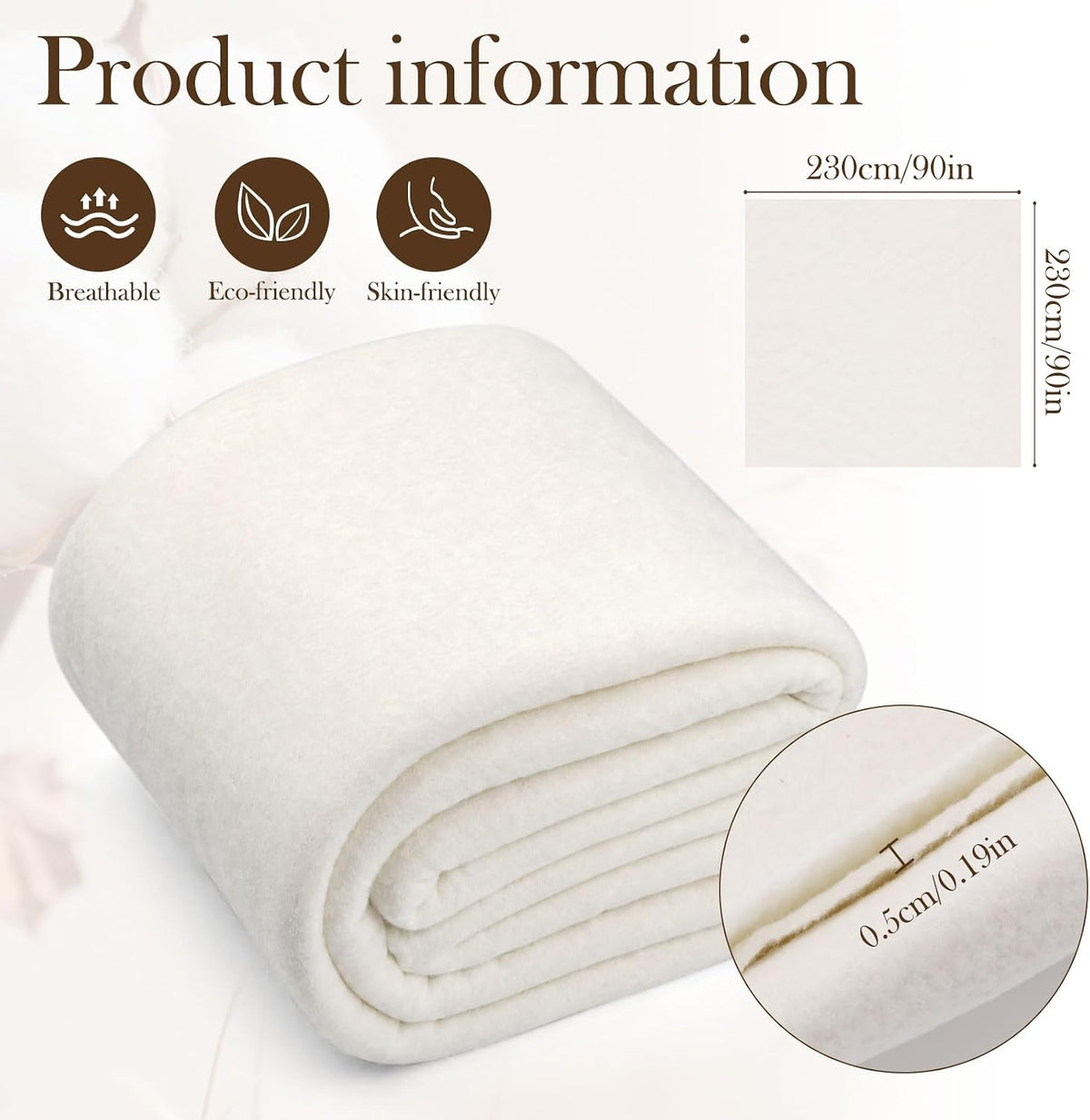 FTEVEN Natural Cotton Batting for Quilting 90" x 90" Queen Size
