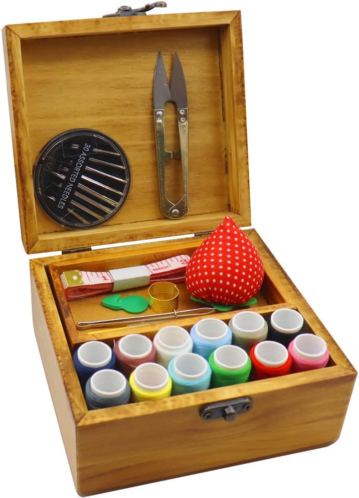 Flytreal Sewing Kit Small Box Basket, Wooden Hand Home Sewing Repair