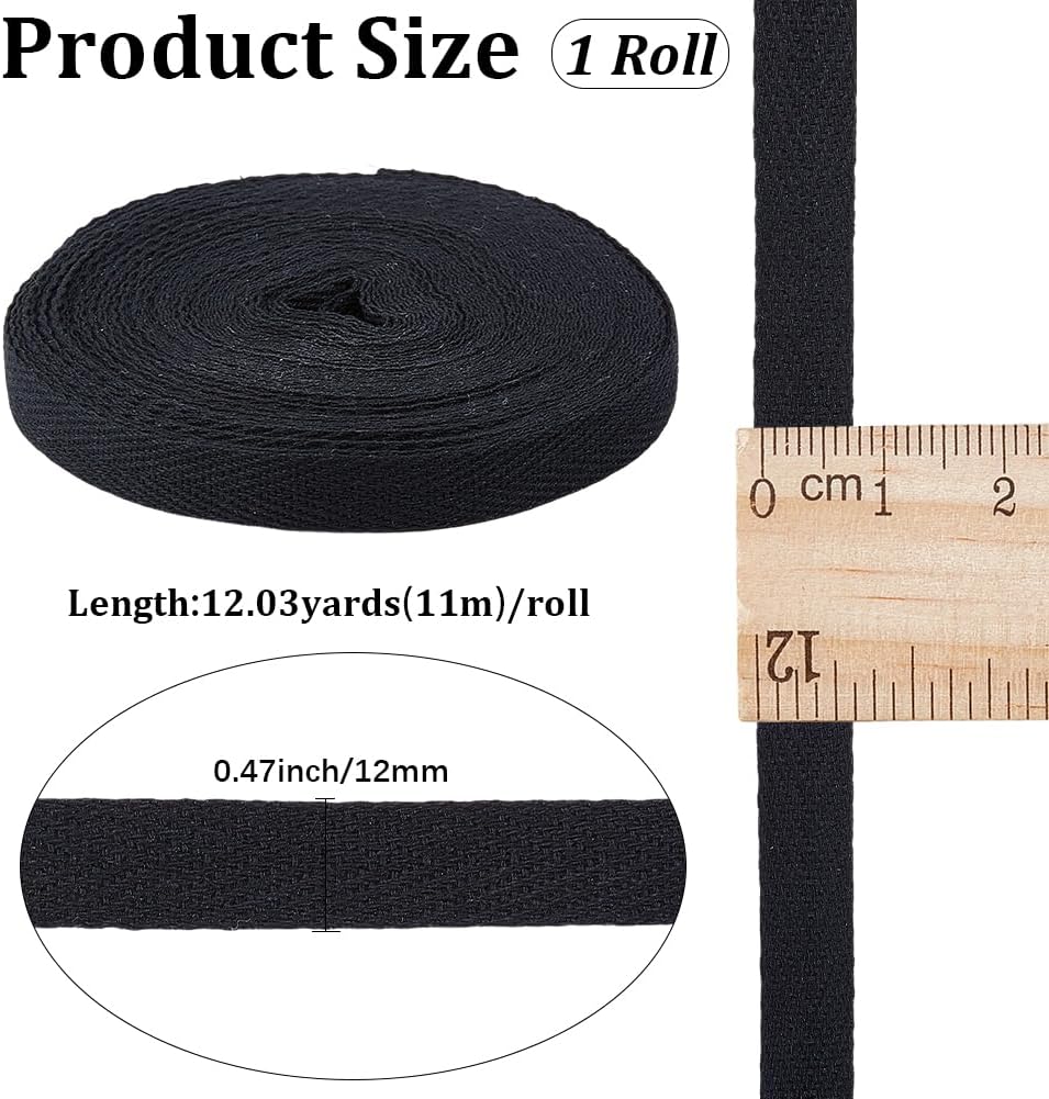 GORGECRAFT 11m Cotton Twill Tape 12mm Wide Bias Binding Ribbon Black
