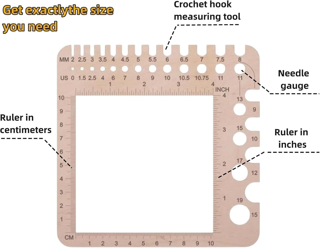 1 Pcs Wooden Knitting Crochet Gauge Ruler,Needle Sizer Stitch Counter