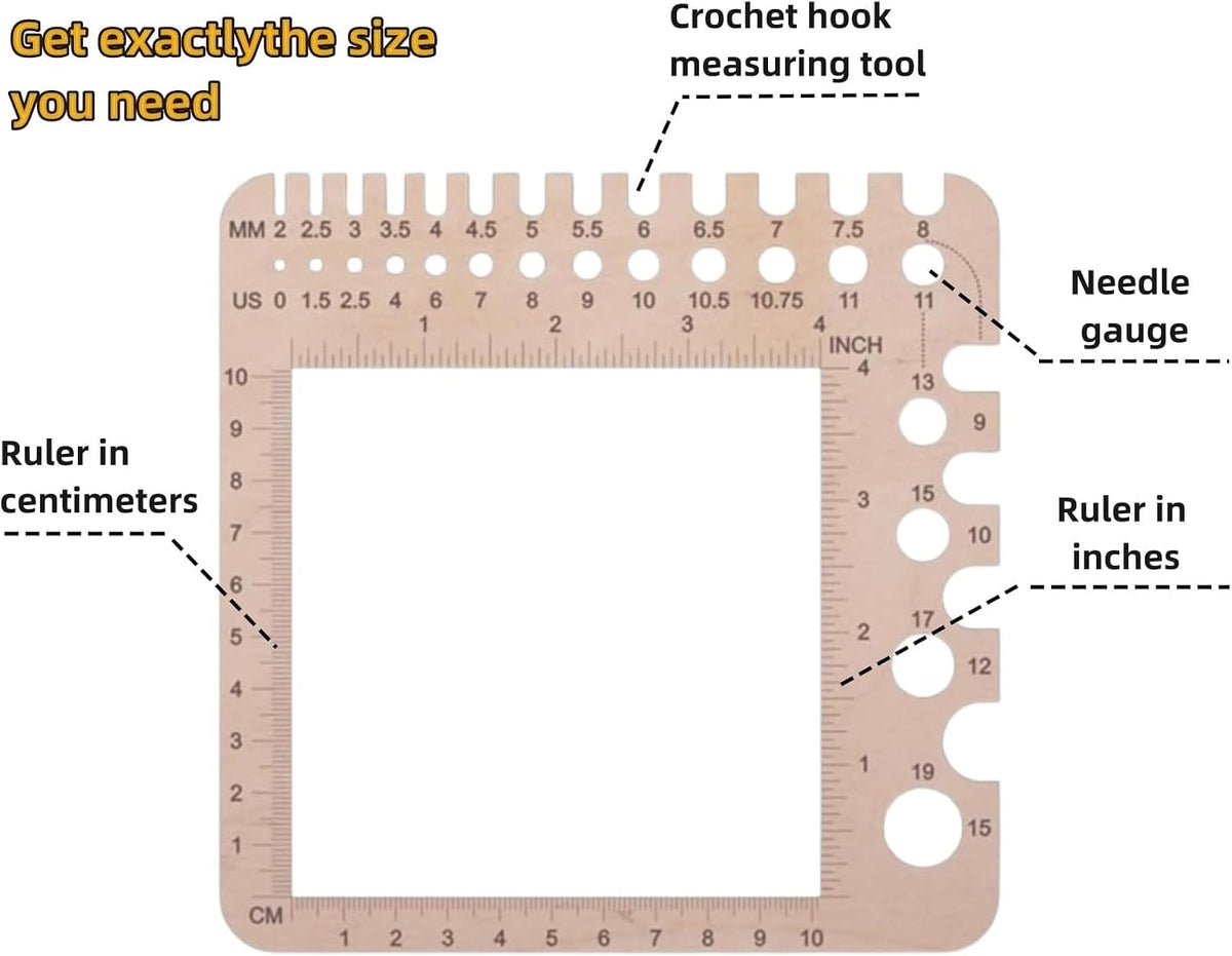 1 Pcs Wooden Knitting Crochet Gauge Ruler,Needle Sizer Stitch Counter