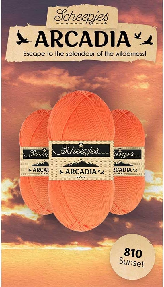 Scheepjes Arcadia Sock Yarn, 100g, 810 Sunset Orange, Wool/Polyamide