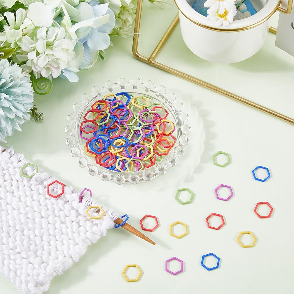 SUNNYCLUE 100Pcs 5 Colors Hexagon Stitch Markers Metal Crochet Markers