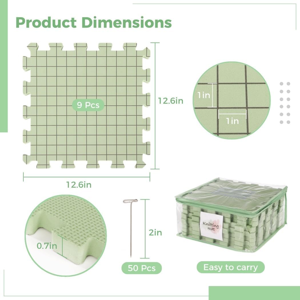 9-Pack 12.6×12.6” Blocking Mats With 50 T-Pins, Storage Bag, And 0.7”