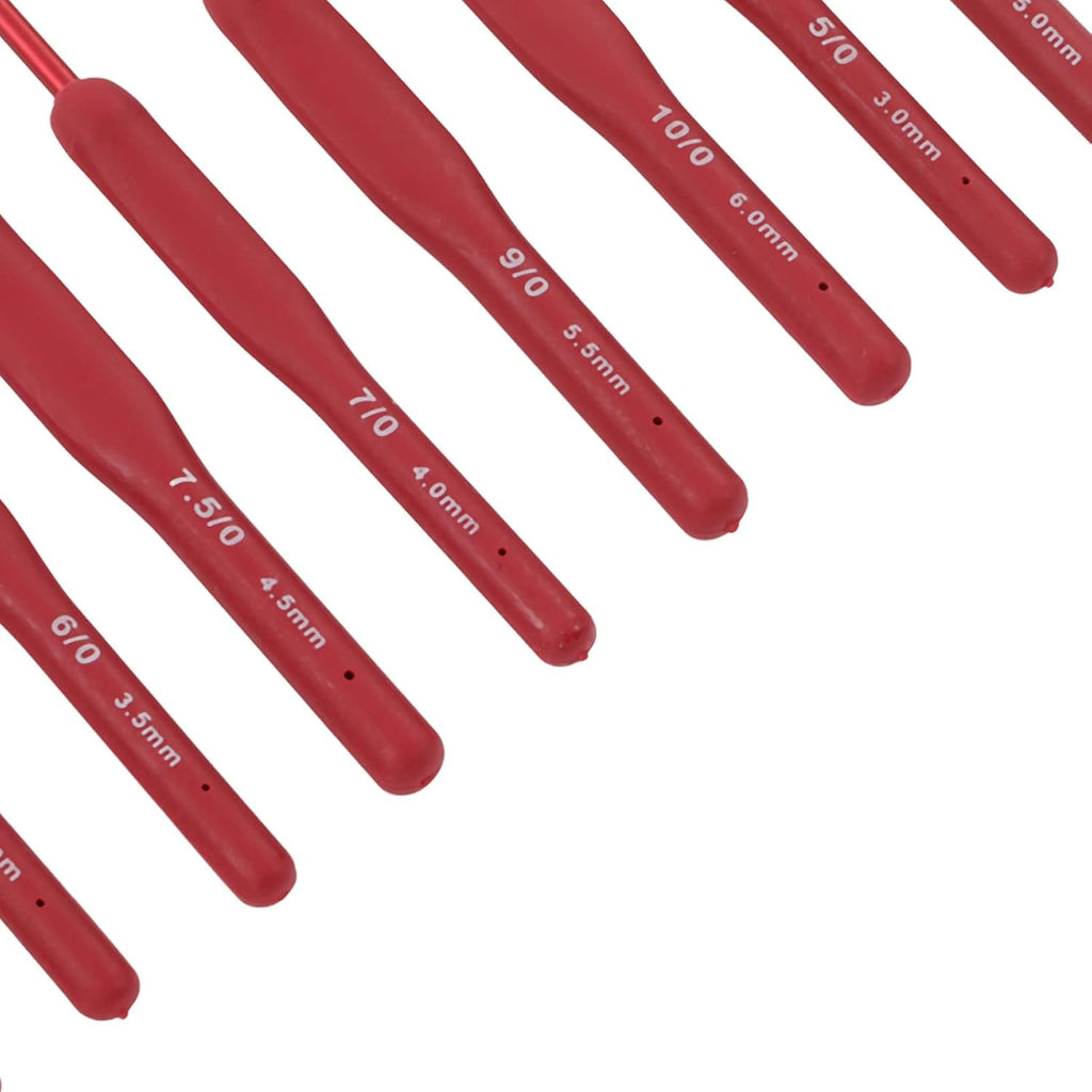 Rengue Crochet Hooks Set, 9 Pcs Red Aluminum Ergonomic Silicone Grip