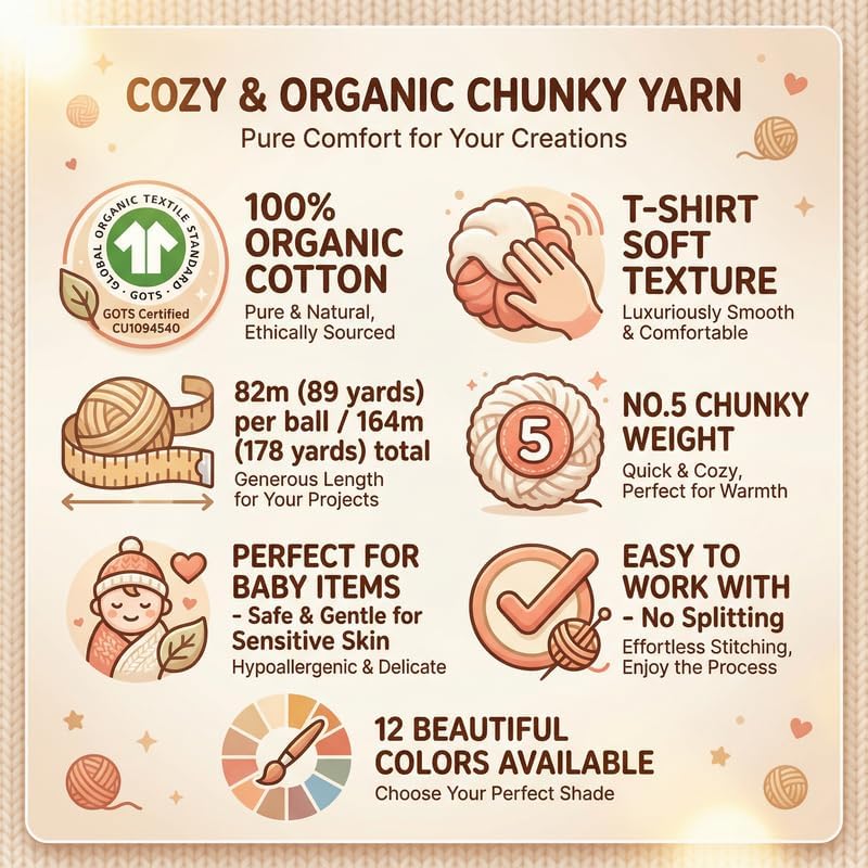 100% Organic Cotton Yarn No.5 Chunky - GOTS Certified, 2 Pack
