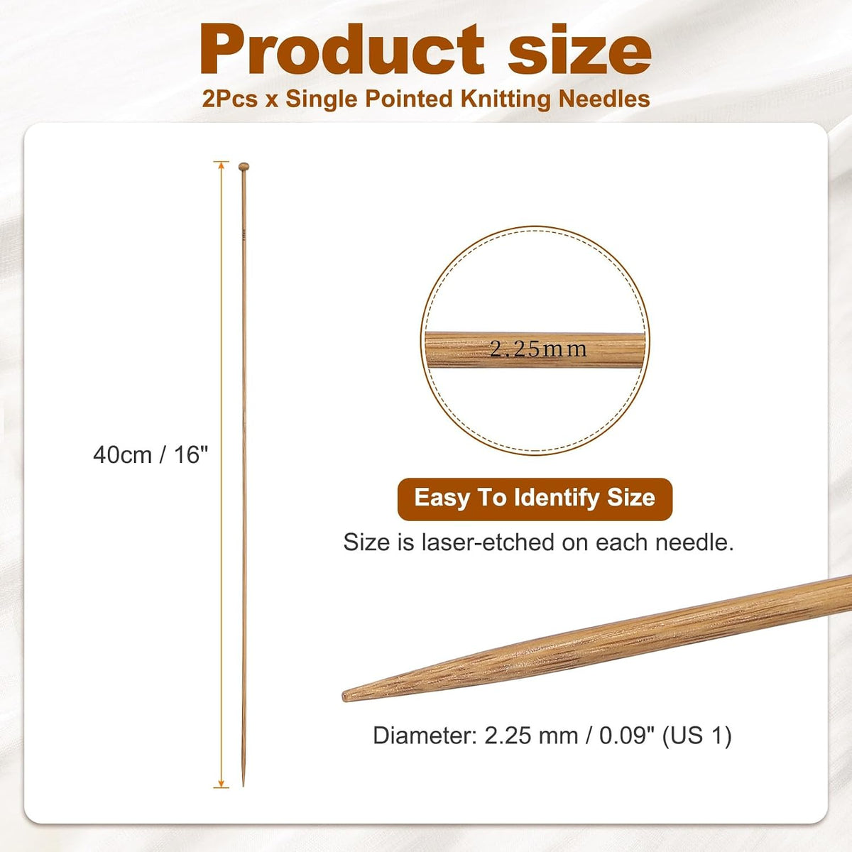 HARFINGTON 2Pcs Single Pointed Knitting Needles Size US 1 (2.25mm) 16"