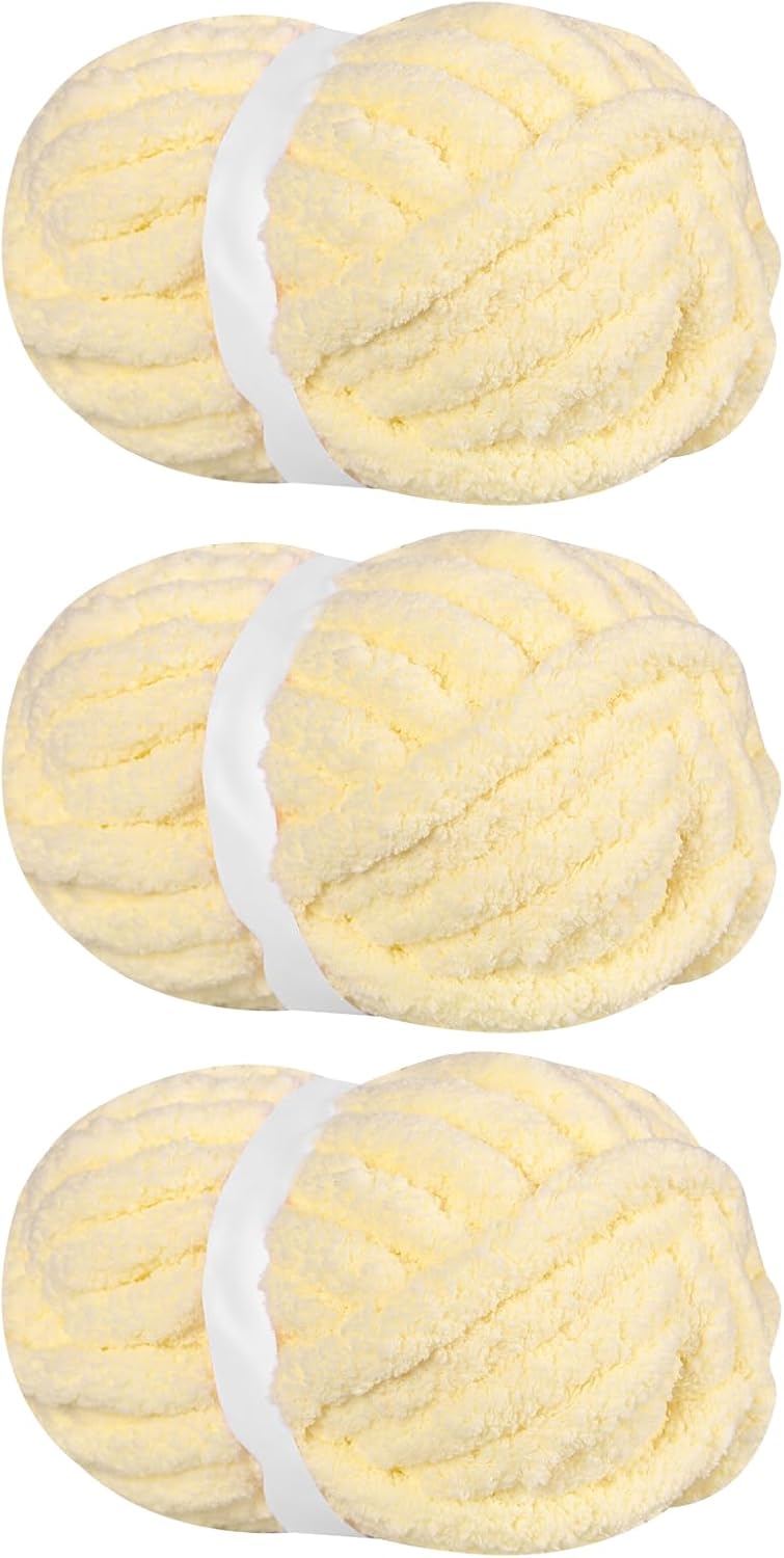 Chunky Chenille Yarn for Hand Knitting, 3 Skein, Bright Yellow