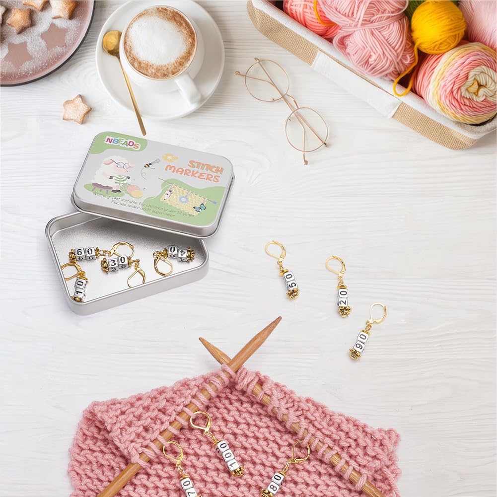 NBEADS 10 Pcs Number 10-100 Acrylic Beads Stitch Markers, Square