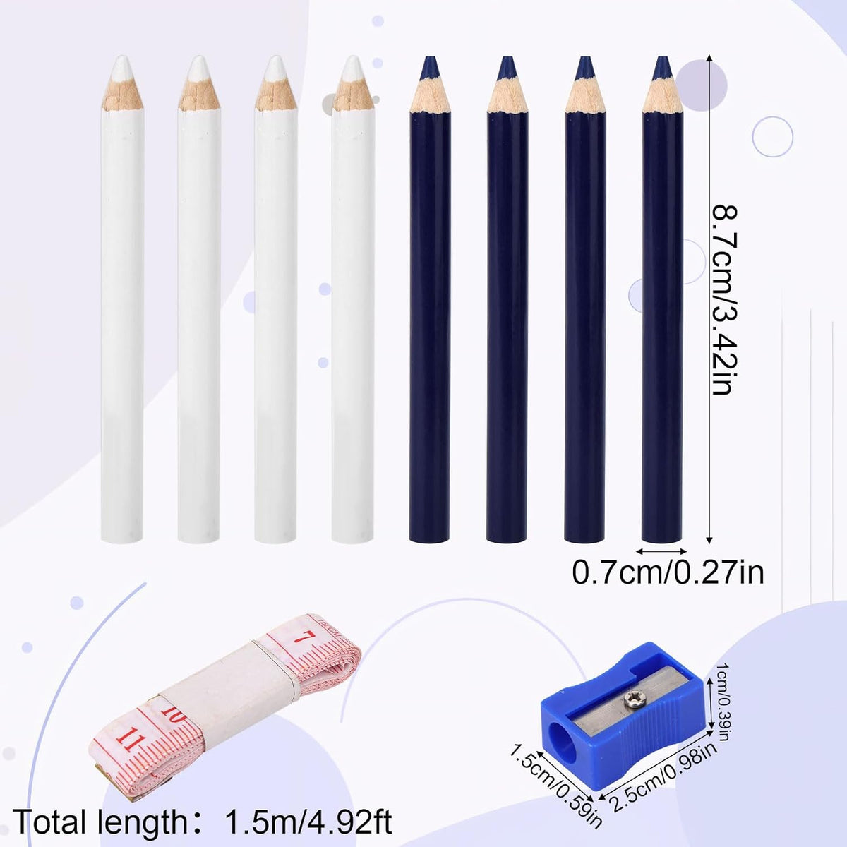 BOXOB 8pcs Fabric Pencils for Sewing, White and Blue