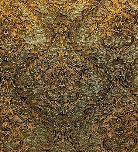 Luxury Chenille Upholstery Fabric by The Yard, Gold Olive Damask