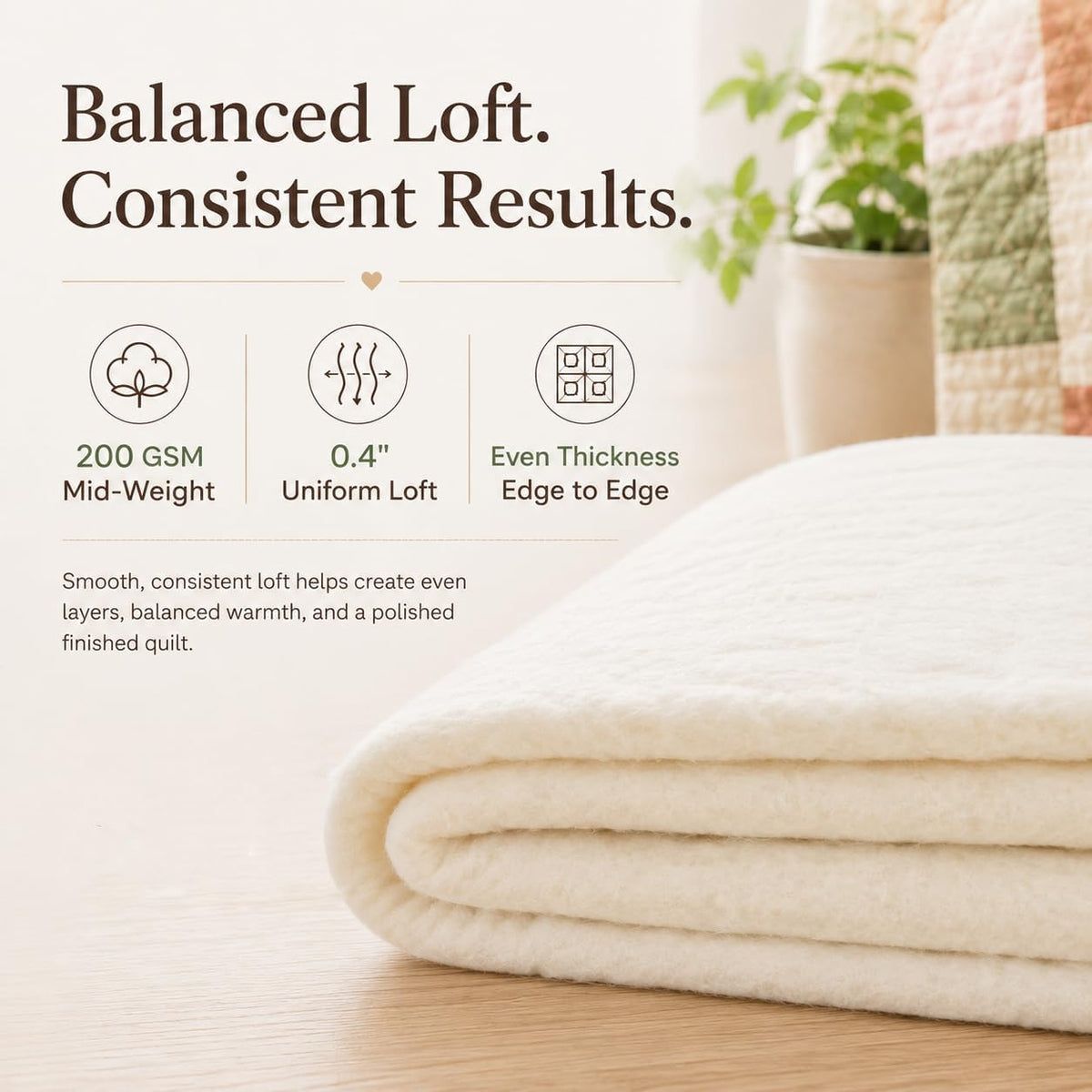 Natural Cotton Quilt Batting, 47"x59" Mid‐Weight (200 g/m2) Cotton