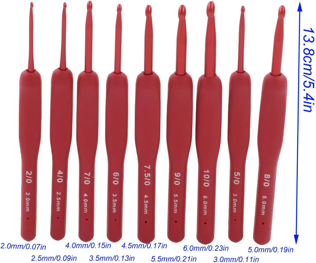 Omabeta Crochet Hooks Set 9pcs Red Ergonomic Silicone Grip Needles for